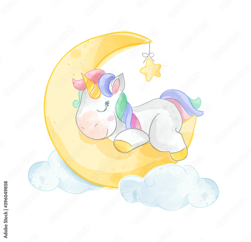 Cute Unicorn Sleeping on the Moon Illustration Stock Vector | Adobe Stock