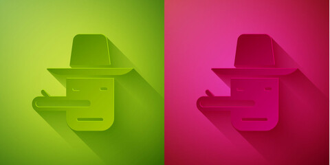 Sticker - Paper cut Pinocchio icon isolated on green and pink background. Paper art style. Vector.