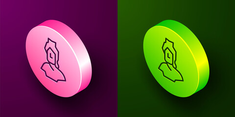 Sticker - Isometric line Ancient bust sculpture icon isolated on purple and green background. Circle button. Vector.