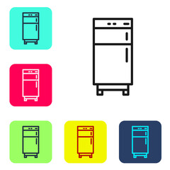 Poster - Black line Refrigerator icon isolated on white background. Fridge freezer refrigerator. Household tech and appliances. Set icons in color square buttons. Vector.