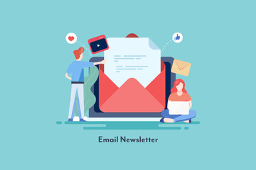 Wall Mural - email newsletter on screen concept. businessman opening newsletter and a woman writing email siting 