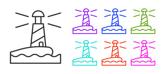 Sticker - Black line Lighthouse icon isolated on white background. Set icons colorful. Vector.