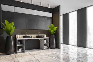 White and black bathroom with mirror, two sinks and two plants on tiled floor