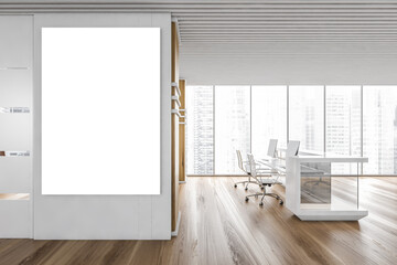 White and wooden office with reception and poster