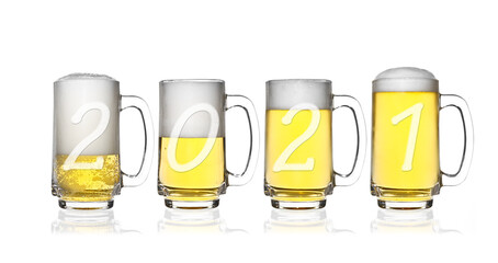 Wall Mural - Happy New Year 2021 number and Merry Christmas cheers on frosty lager light beer and white bubbles in clear glass with handle and steam for winter drink or celebration isolated on white background