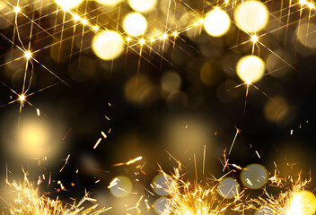 Wall Mural - christmas gold glowing background. golden holiday abstract glitter defocused backdrop with blinking 