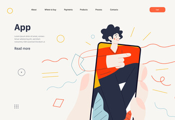 Business topics -mobile application, web template, header. Flat style modern outlined vector concept illustration. A hand holding a smartphone with young man, pointing the direction. Business metaphor