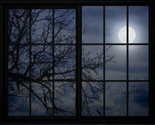 Full Moon View Through The Window Frame