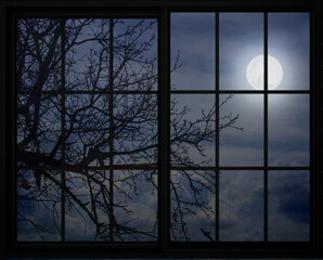 full moon view through the window frame
