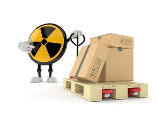 Canvas Print - Radioactive character with hand pallet truck with cardboard boxes