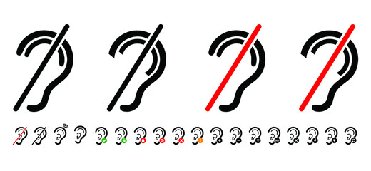 Limited hearing. Deafness symbol and audible sign. Hearing impaired, loss impairment logo. Vector ear pictogram signs. Universal access icon, hard of hearing icons. Assistive listening systems Symbols