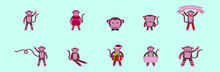 Set Of Monkey Cartoon Icon Design Template With Various Models. Vector Illustration Isolated On Blue Background