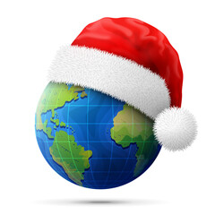 Wall Mural - Planet Earth in red Santa Claus hat. Christmas hat is put on globe with ocean and continents. Vector image for christmas, travel, new years day, geography, winter holiday, decoration, new years eve