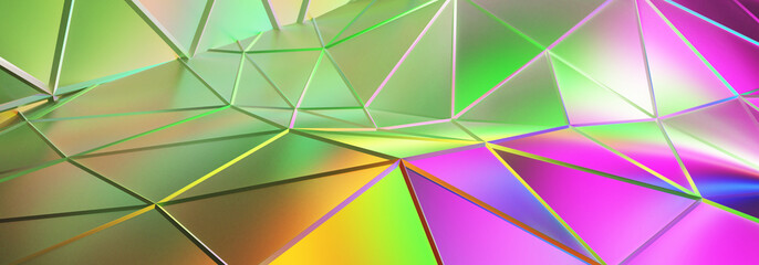 Poster - 3d ILLUSTRATION, of colorful abstract crystal background, triangular texture, with wire edges, wide panoramic for wallpaper, 3d black background low poly design