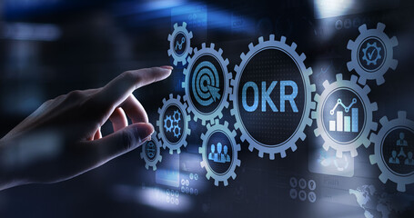 Objective Key Results Business technology process improvement concept on virtual screen.