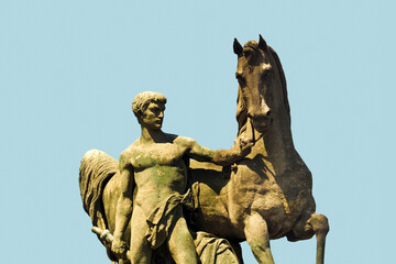 Equestrian statue of a Roman warrior on Pont d`Iena in Paris, France. Roman Warrior statue by Louis Daumas