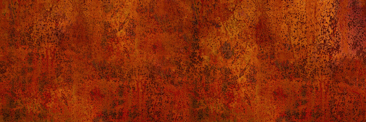 Wall Mural - Rusty metal background. Rust texture. Orange red brown abstract background. Bright rough textured background. Wide banner.