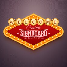 Casino Light Sign. Wall Signage With Marquee Lights. Casino, Theater, Cinema Or Club Decor. Retro Banner, Frame With Light Bulbs. Vector Illustration Of Vintage Signboard For Posters And Other Ads.