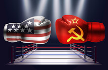 Boxing Gloves With Prints Of The USA And The USSR Flags Facing Each Other On A Ring Lit By Spotlights, Realistic Vector Illustration Design