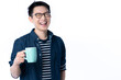 © whyframeshot - happiness casual asian mature adult male hand hold hot coffee drink with happiness cheerful and confident smile look at camera white background