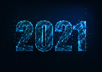 Wall Mural - Futuristic New Year digital web banner template with glowing low polygonal 2021 number on dark blue