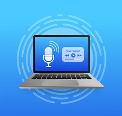 Design template with podcast display. Mobile interface design. Laptop screen. Template media player. Podcast icon vector.