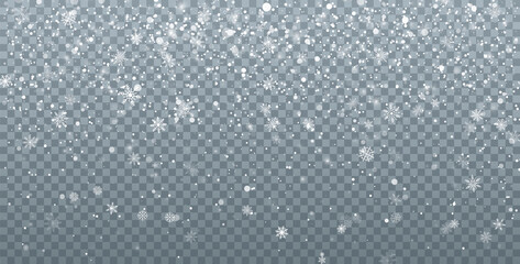 Wall Mural - christmas snowfall background. falling snowflakes on transparent background. xmas holiday decoration