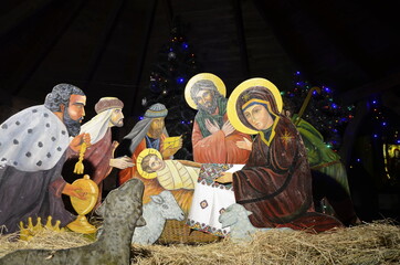 Christmas decoration. The scene of the birth of Jesus Christ. christmas nativity scene.