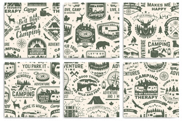 Wall Mural - set of summer camp seamless pattern, background. vector. retro typography design with rv trailer, te