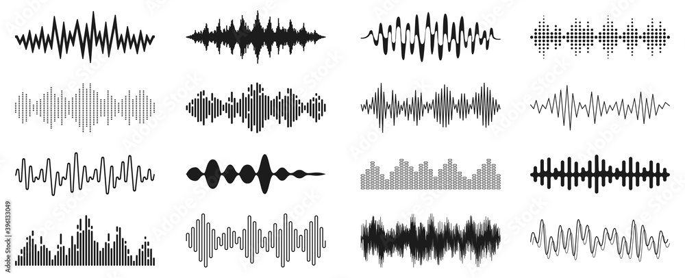 Set sound waves sign, musical sound wave collection icon, digital and analog line waveforms, electronic signal, voice recording, equalizer - stock vector - obrazy, fototapety, plakaty 
