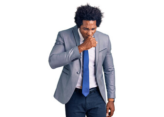 Poster - Handsome african american man with afro hair wearing business jacket feeling unwell and coughing as symptom for cold or bronchitis. health care concept.