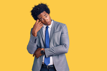 Poster - Handsome african american man with afro hair wearing business jacket thinking looking tired and bored with depression problems with crossed arms.