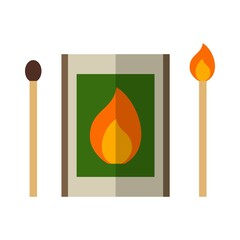 Box of matches icon, set a burning match, a burnt match isolated on white background. Vector illustration