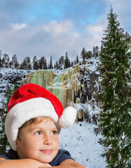 Sticker - Handsome boy in red Santa Claus hat