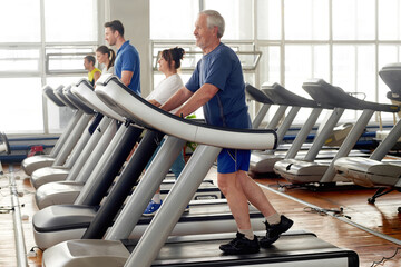 Wall Mural - People working out at gym. Senior man walking on treadmill at modern fitness club. Cardio workout for health.