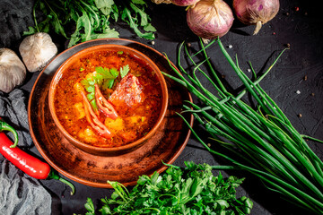 Wall Mural - Tomato soup with meat and vegetables, pepper chili, smoked paprika, decorated with green in a dark brawn bowl on dark background