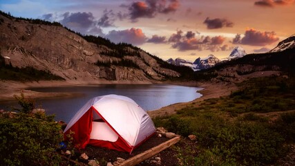 cinemagraph continuous loop animation. camping in mt assiniboine provincial park near banff, alberta