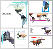 Vector Layouts Of Social Network Mockups For Cover Design, Website Design, Website Backgrounds Or Advertising Mockups. Design Template In The Form Of World Maps And Colored Frames, Insert Your Photo.