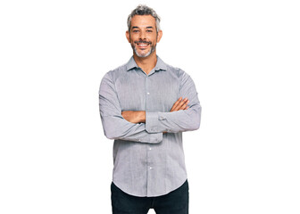 Canvas Print - Middle age grey-haired man wearing casual clothes happy face smiling with crossed arms looking at the camera. positive person.