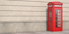 Red Phone Booth On Brick Wall Background. London, British And English Symbol. Space For Text.