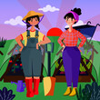 Personajes en el campo cuidando una huerta con plantas y flores junto al atardecer