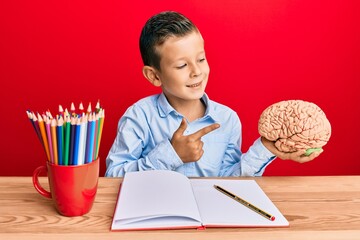 Wall Mural - Adorable caucasian kid holding brain while studying for school smiling happy pointing with hand and finger