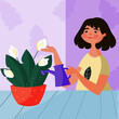 Personaje alegre regando flores en su casa