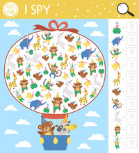 Birthday I Spy Game For Kids. Searching And Counting Activity For Children With Cute Animals Flying In Hot Air Balloon. Funny Party Printable Worksheet For Kids. Simple Festive Spotting Puzzle