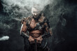 © Fxquadro - Northern vandal seafarer with muscular build holding huge axe and staring at camera in dark smokey background.