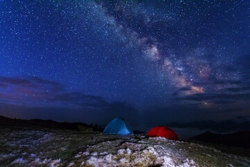 Wall Mural - night photos in the ukrainian carpathian mountains with a bright starry sky and the milky way