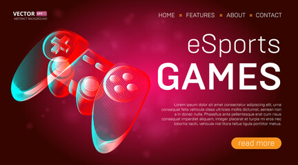 Esports games landing page template with a gamepad or retro game console controller banner. Outline vector illustration of wireless video game joystick in 3d line art style on abstract background