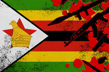 Zimbabwe Flag And Various Weapons In Red Blood. Concept For Terror Attack Or Military Operations With Lethal Outcome
