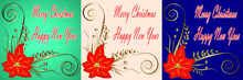 Set Of Templates Congratulations Merry Christmas And New Year. Gold Flowers On A Blue, Light Blue And Pink Background. Fashionable Style. Vector Design Element.