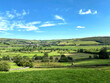 Landscape view, across the Aire Valley near Skipton, with fields, meadows, and trees, set against a blue sky in, Cononley, Skipton, UK
